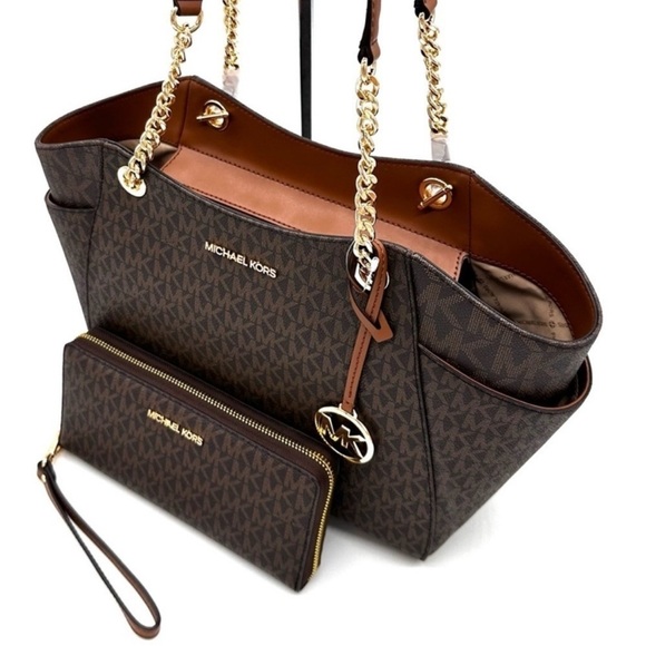 Michael Kors Large Jet Set Travel Chain Shoulder Bag & Continental Wallet Brown - Picture 9 of 15